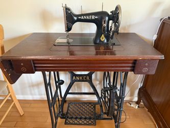 “Vintage ANKER Treadle Sewing Machine with Original Cast-Iron Base & Wood Cabinet/Table.”