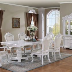 Brand New White Upscale 7pc Formal Dining Table Set (Hutch & Buffet Sold Separately)