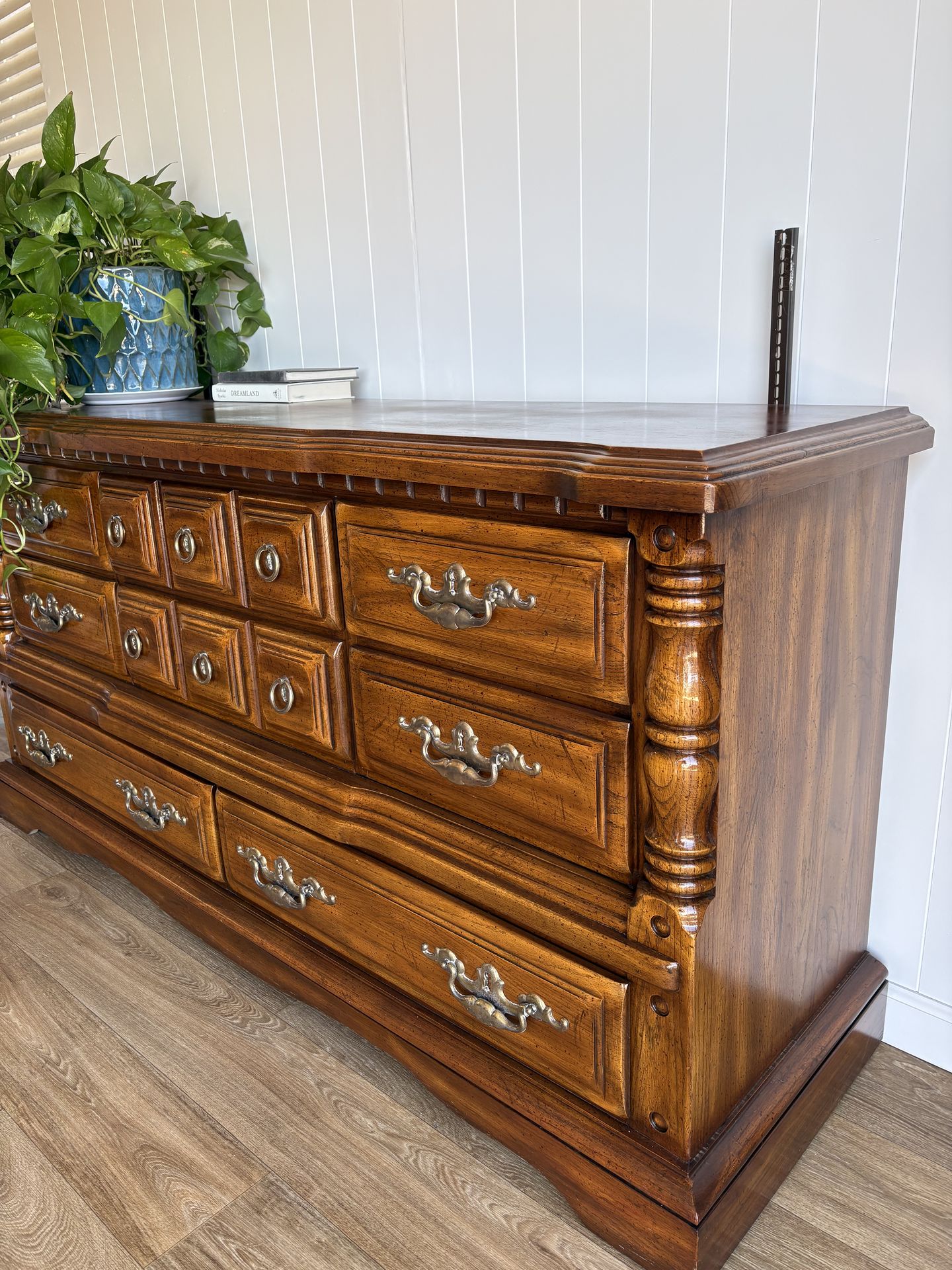 vintage solid wood dresser Reclaimed It boasts six spacious drawers Refinished Tall Vintage 6 Drawer