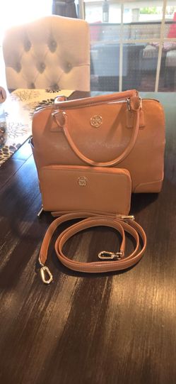 Tory Burch Robinson Middy Tan Leather Satchel with Matching Wallet