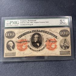 $100 1862 Virginia Treasury Note 53 AU