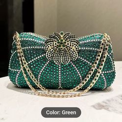 [Luxury Evening Clutch with Chain] Elegant Green Rhinestone Clutch with Detachab