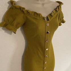 Fashion Nova Mustard Yellow Gold Buttons Dress Mini Midi Dress Over The Shoulder 