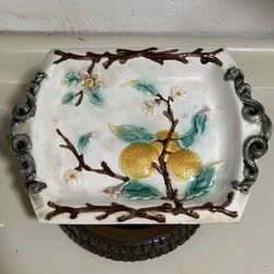 Vintage Majolica-Style Citrus & Snake Border Platter – Raised Relief Lemons/Oranges, Rustic Decor!