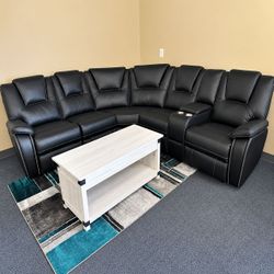 Breathable Air Leather Material Faux Leather Modular Sectional Sofa with 3 Manual Recliners and Storage Console with Stainless Steel Cup Holders.