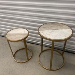 Round White Marble and Metal End Table Pair 