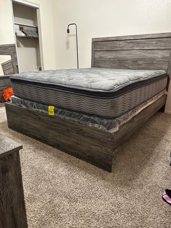 Gray Wood Queen Bed Frame with Pillow Top Mattress