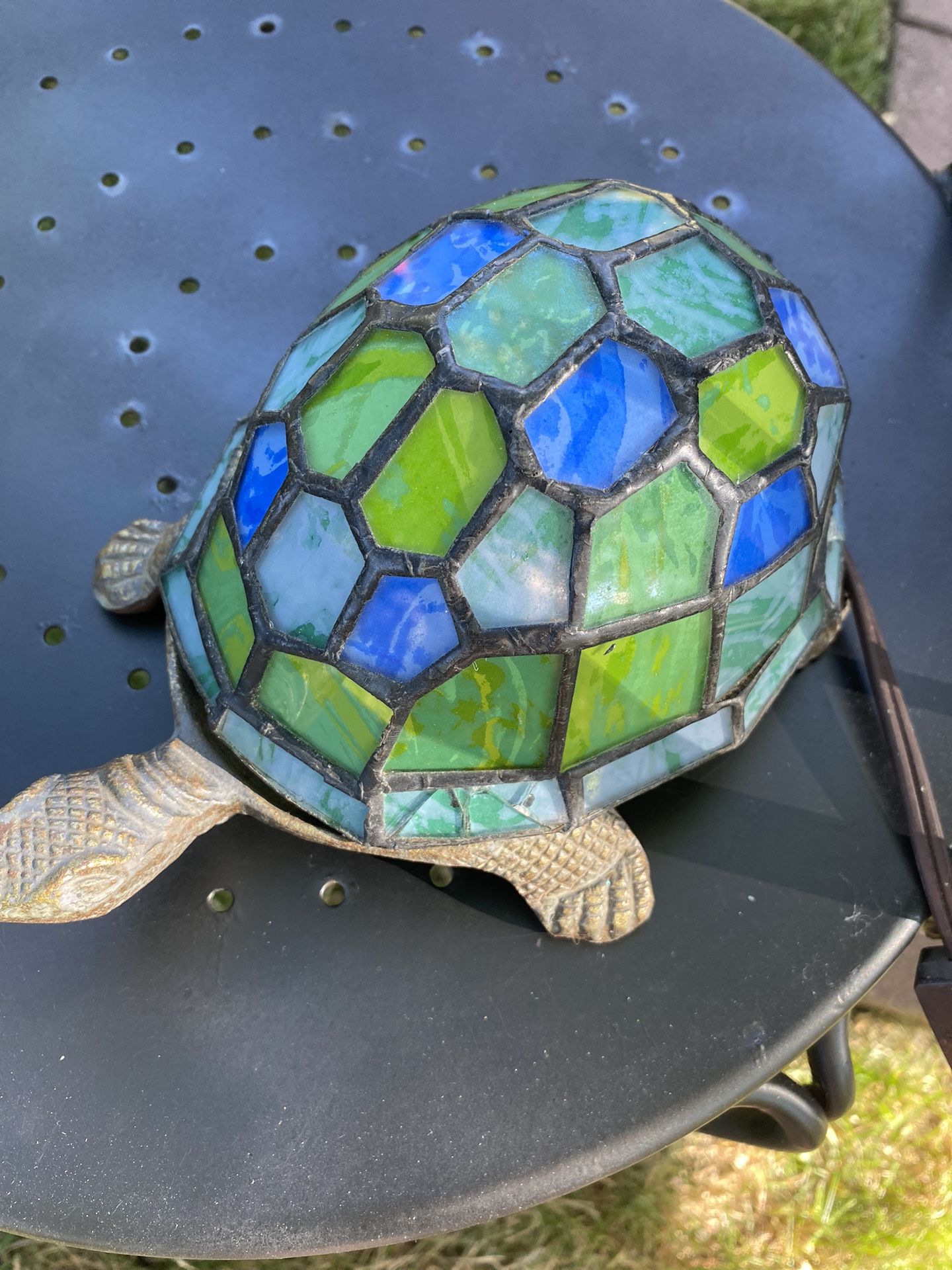 Vintage Tiffany Style Tile Stained Glass Electric Cast Iron Turtle Lamp