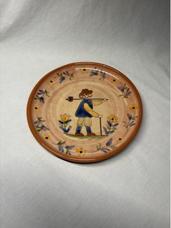 Vintage Signed Bilange French Folk Art Peasant Terracotta Ceramic Plate