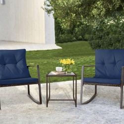 SUNCROWN Outdoor Furniture 3-Piece Rocking Bistro Set Brown Wicker with Cushions & Glass Coffee Table (Navy Blue