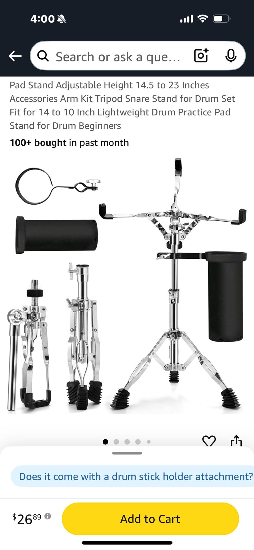 Snare Drum Stand with Drum Sticks Holder,Tall Drum Pad Stand Adjustable Height 14.5 to 23 Inches