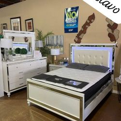 $10 Down Payment Led Bedroom Set Queen/King Bed Dresser Nightstand and Mirror Chest Option Alonzo 