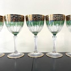 Gold And Green Italian Wine Glasses. 5 Stemmed Glasses 