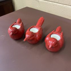 3x Red Cardinal Bird Candle Holders 