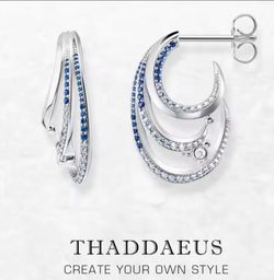 925 Sterling Silver Wave Hoop Earrings  with Blue accent stones
