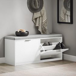 SoBuy Shoe Storage Bench with 2 Flip-Drawers & Padded Seat Cushion, Hallway Bench Shoe Cabinet Entryway Shoe Bench,White