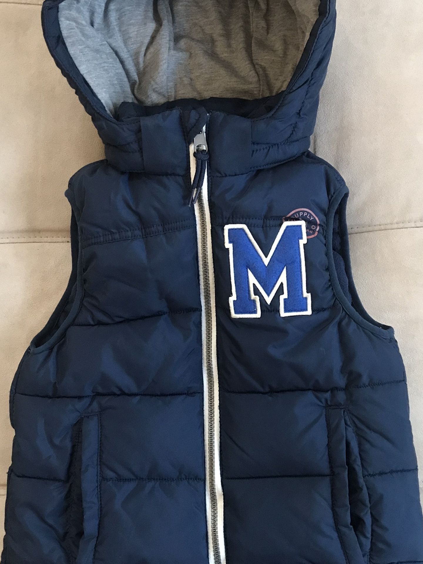 H&M Boys Hood Vest Puffer Jacket Dark Blue Pockets Zipper Close Size 7-8.