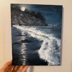 Handmade acrylic original painting: ocean, cliff,  moon scenery
