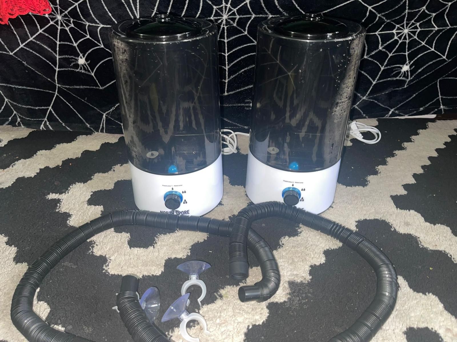 two North Spore Myco-Mister Mini Humidifier Kits, which are part of the North Spore Boomr Bin Monotub Automated Tech Kit. Purpose: These humidifiers