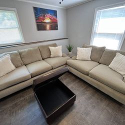 Corduroy Sofa and Loveseat with Leather storage ottoman