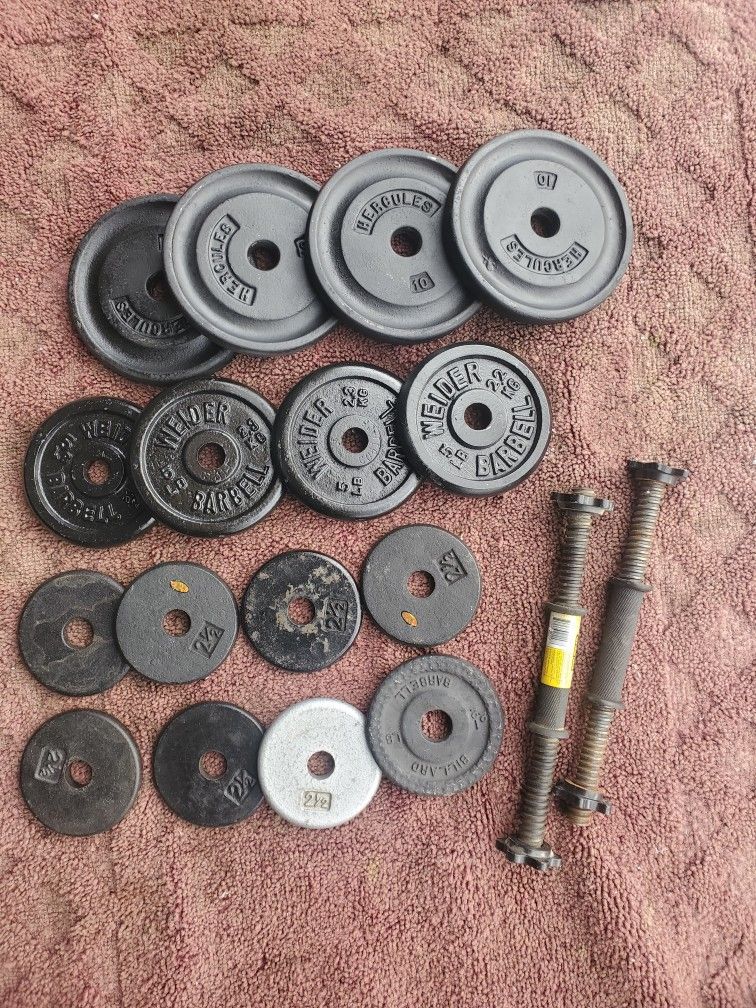 1" HOLE ADJUSTABLE DUMBBELLS TOTAL 80LBs. 410s. 45s. 82.5s 7111. S