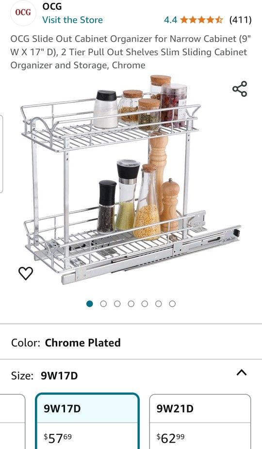 OCG Slide Out Cabinet Organizer for Narrow Cabinet (9" W X 17" D), 2 Tier Pull Out Shelves Slim Sliding Cabinet Organizer and Storage, Chrome