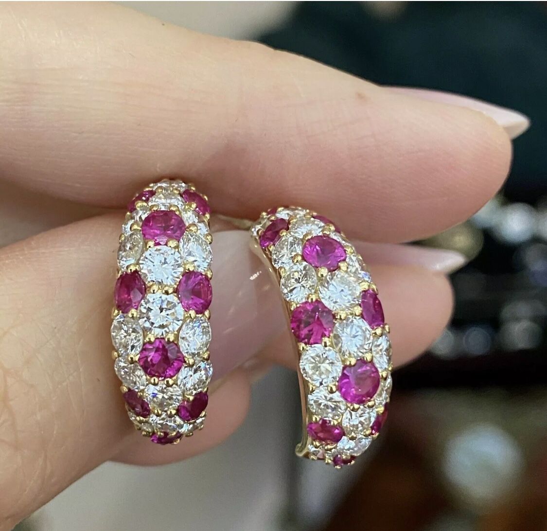 18k Gold Over 2.85Ct Diamond and Ruby Pave Set Half Hoop Earrings