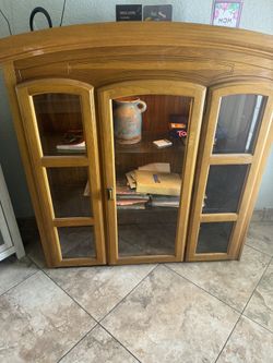 Solid wood and glass light up hutch with front opening door