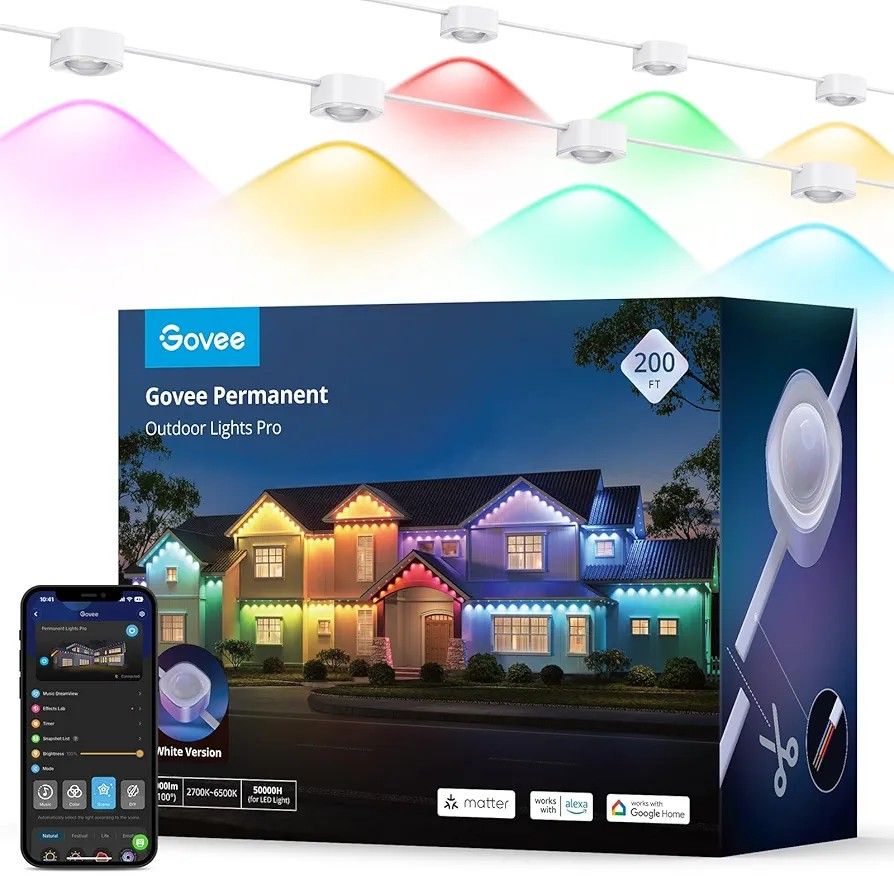 Govee Permanent Outdoor Lights Pro, 200ft with 120 RGBIC LED Lights for Daily and Accent Lighting, 75 Scene Modes for Outdoor Decor, IP67 Waterproof,