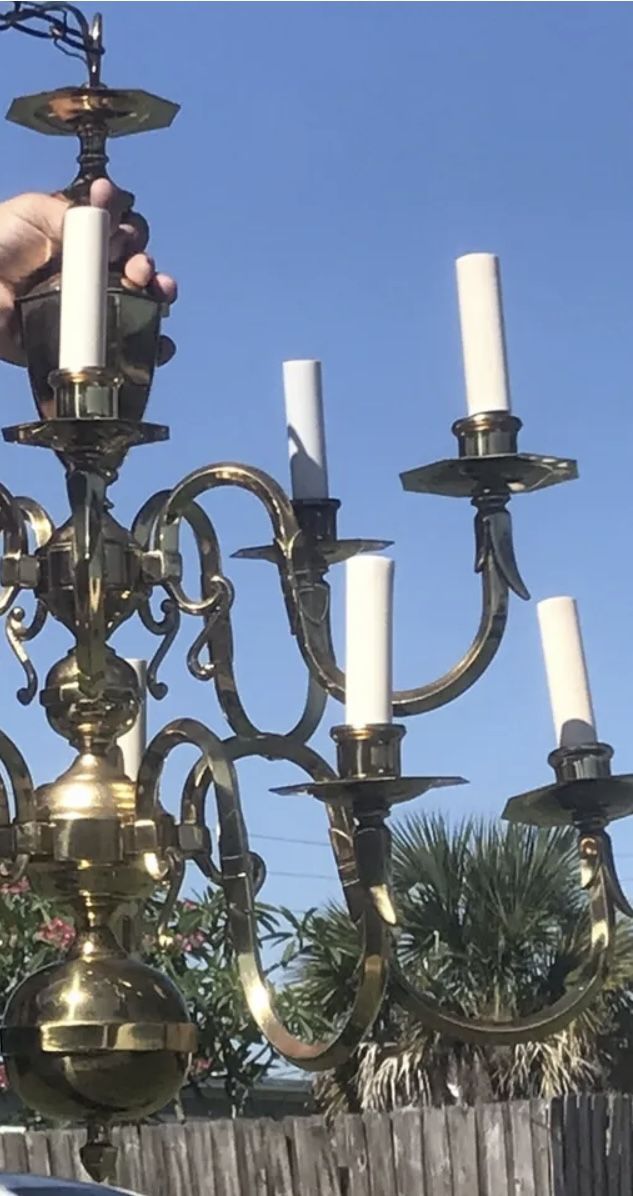 7 New Electric Solid Brass Double Arm Sconces and Matching Double Tier Brass Chandelier