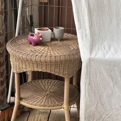 1980s Vintage Mid-Century Modern Round 2-Tier Hand Woven Resin Wicker Metal Drum Side