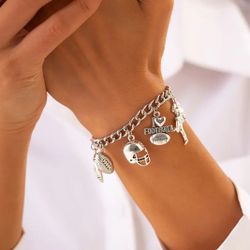Cute Football Silver Tone Charm Bracelet 