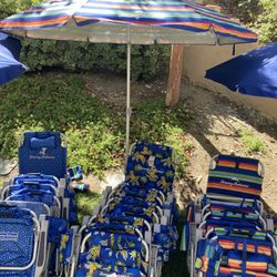 Tommy Bahama Backpack Chair, Included Cooler, Storage, and Towel Holder. $30 Each ! Umbrellas $25.00  Each