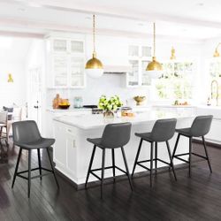 Abraham Dark Gray 24 in. Low Back Metal Frame Faux Leather Upholstered Cushioned Counter Height Bar Stool (Set of 4)