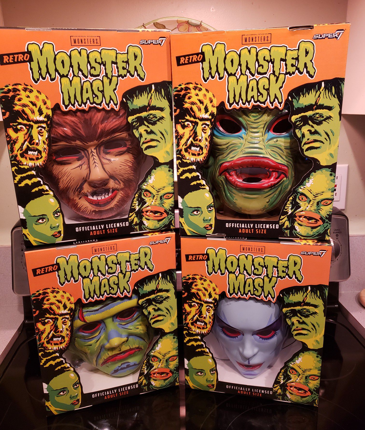 Universal Movie Monster masks 80s retro style Frankenstein, Werewolf, Bride of Frankenstein, Creature from Black Lagoon