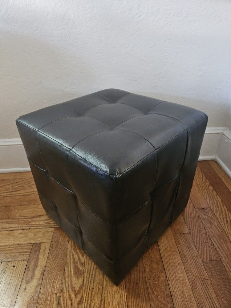 Black Tufted Faux Leather Vinyl Ottoman Footstool