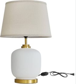 New 23in Farmhouse Ceramic Table Lamp Ivory White Pot Lamp Linen Shade Gold Bedroom Living Room