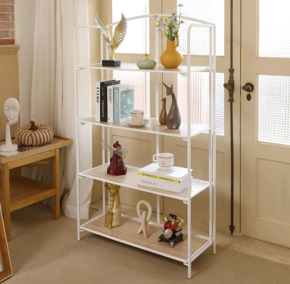 Crofy No Assembly Folding Bookshelf, 4 Tier White Bookshelf, Metal Book Shelf for Storage