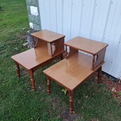 Set of MCM Maple Split Level End Tables. w Tiger Maple Veneer
