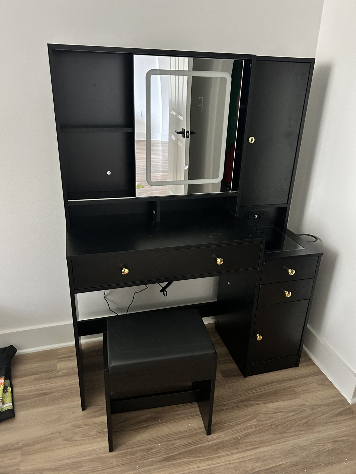 Modern Vanity Desk with Mirror, Lights & Storage – Black