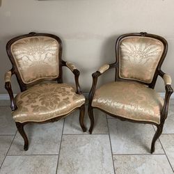 Pair of Vintage French Silk Armchairs - Louis XV Companion Chairs
