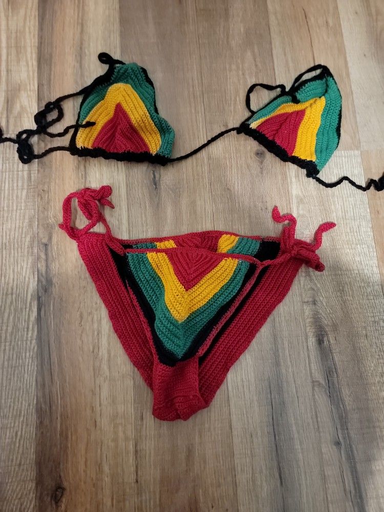 XS Jamaican Crochet Bikini And Cover Up Rasta Colors