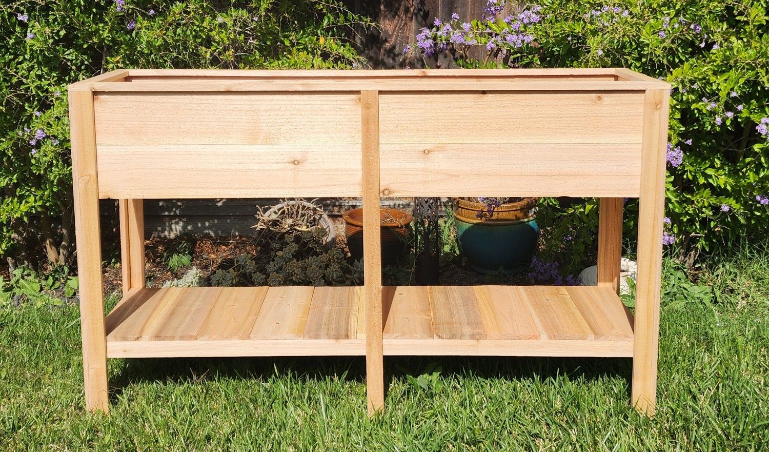 Cedar planter box with shelf, stands 3 ft