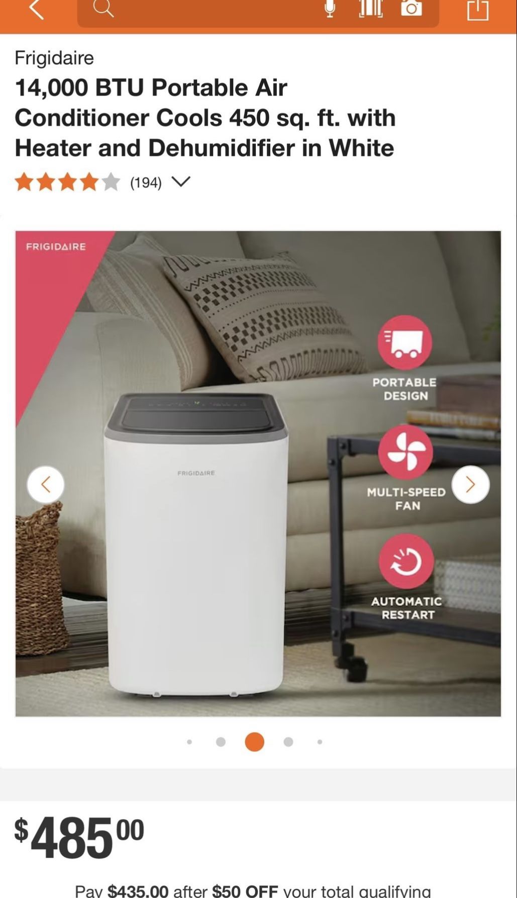 Frigidaire 14,000 BTU Portable Air Conditioner Cools 450 sq. ft. with Heater and Dehumidifier in White