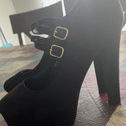 Faux Suede Black 2 Strap Heels 