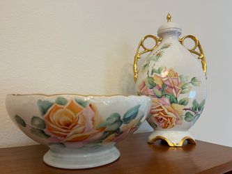 Porcelain Floral Bowl and Lidded Urn Set