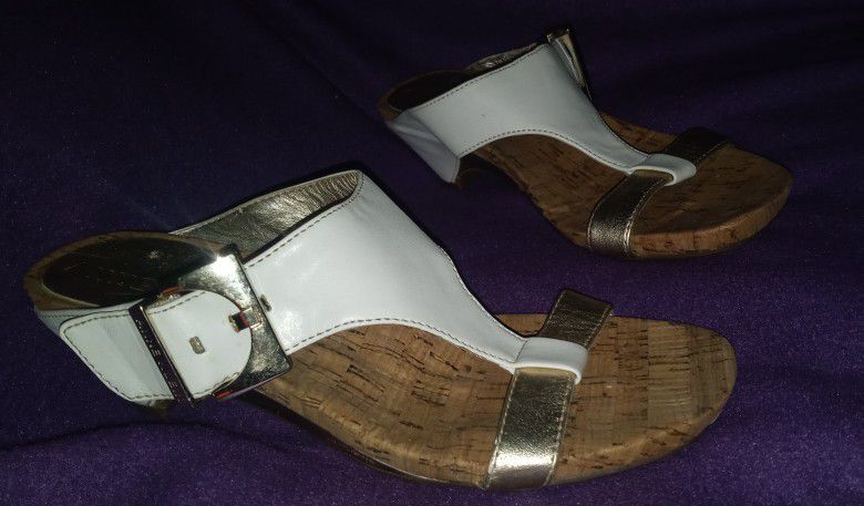 Women's Anne Klein Wedge Sandal White Strap Cork Slip-on Size 7M