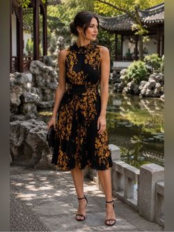 Nanette Lepore Pleated Sleeveless Mock Neck Midi Dress Black with Gold Flowers