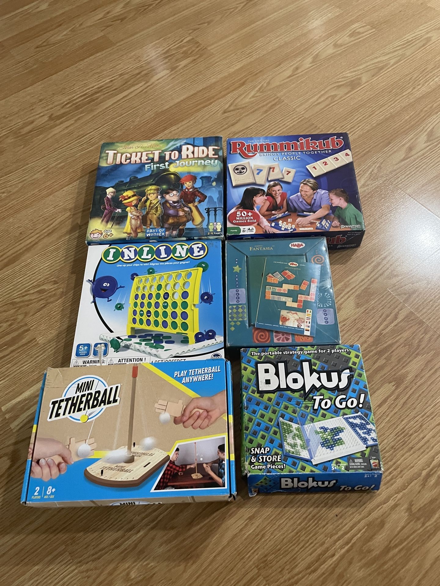 6pc Lot Board Game Lot Rummikub, Inline, Dominos, Blockus, Tetherball, Etc