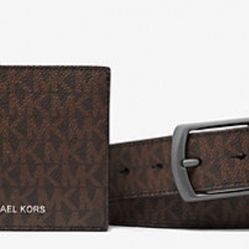 Michael Kors Brown Monogram Wallet and Black Belt gift set